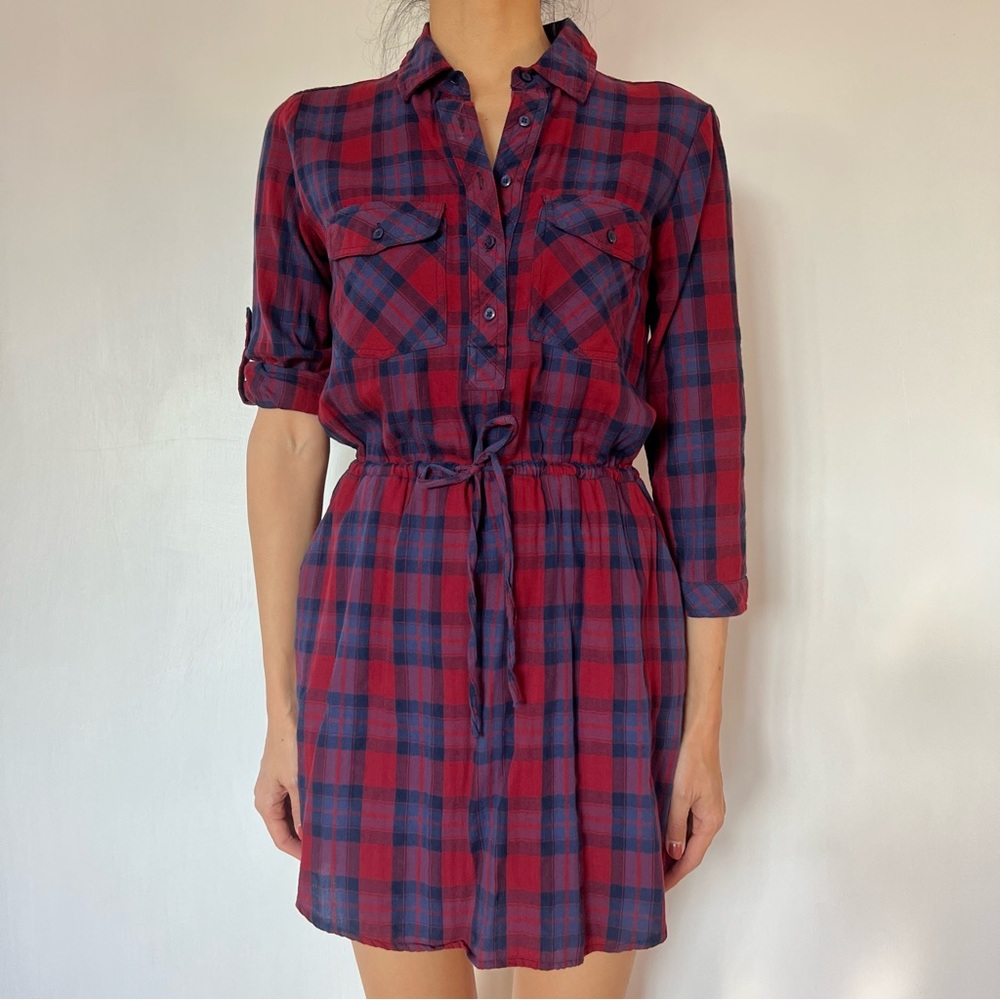 Girl Krazy western red plaid 3/4 sleeve dress drawstring waist 100% cotton - S